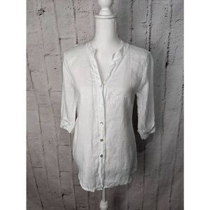 Lungo L'Arno Womens White Linen 1/2 Sleeve Button Up Top Beachy Vacation Sz L La